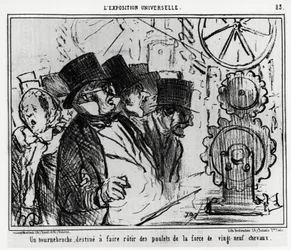 Universel udstilling: en drejeskive designet til at stege kyllinger med styrken på niogtyve heste. Illustration af Honore Daumier (1808-1879), offentliggjort i nyhederne, "" Charivari", dateret 20. juli 1855.