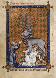 Tilføje. 54180, f.14v The Beast of the Apocalypse, trampende en helgen og tilbedt af en knælende hykler, illustration fra 