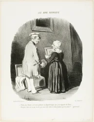 "- Her, min kone, er mit daguerreotypi-portræt, som jeg tog med tilbage til dig fra Paris... - Hvorfor fik du ikke lavet mit, mens du var der ... skrid, din egoist!", plade 28 fra Les Bons Bourgeois