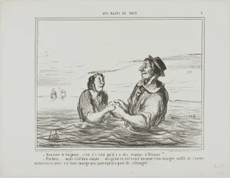 "- Hr. livredder.... er det sandt, at der er hajer i Dieppe - Selvfølgelig ... men det er ret enkelt ... så snart du ser en komme for at spise dig, skal du bare lægge dig ned på siden. Han vil ikke spise dig af frygt for at blive kvalt", tallerken 1 fra Au