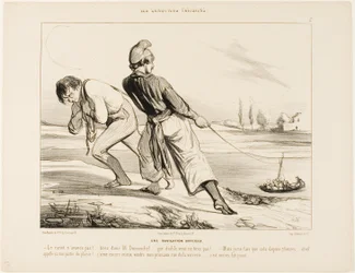 En vanskelig navigation. "- Båden bevæger sig ikke! Træk Dumouchel, træk.... hvorfor fanden trækker du ikke! - Men jeg har ikke lavet andet i de sidste tre timer!.... og det her kaldes en fornøjelsestur! Jeg vil hellere sælge mine svesker i rue de la Verre