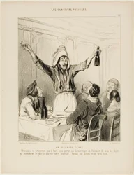 En sidste skål! "Mine herrer, lad os ikke gå om bord igen uden en sidste skål til ære for de to ting, der mest af alt giver vores liv charme ... lad os skåle for damerne og det kolde kalvekød!", tallerken 18 fra Les Canotiers Parisiens.