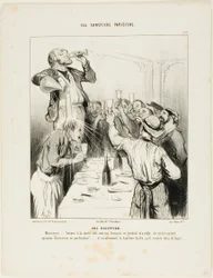 En reception. "Mine herrer..... lad os skåle for de franske sejleres helbred i almindelighed og for den nye holdkammerat Greluchon i særdeleshed!.... og mens vi venter på hans ilddåb, giver vi ham i mellemtiden en med vand," plade 10 fra Les Canoti