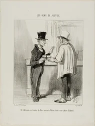 En forsvarsadvokat ved voldgiftsretten diskuterer forretninger i sine sædvanlige kontorlokaler, planche 27 fra Les Gens De Justice
