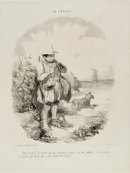 "Forbandede land! Jeg skyder kun spurve.... og kun hunner ... og denne geniale vagt insisterede på, at stedet er fuld af kaniner," plade 5 fra La Chasse