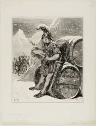Hannibals krydsning. Disse høje bjerge, hvor den toppede sne ligner en kæmpes hvide pande, skælver for at smede en vej, med en triumferende sang forvandlede Hannibal Alperne til cornichon. (Les Occidentals af Mr. Quinet), planche 28 fra Histoire Anci