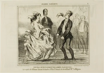 Ny underholdning ved de parisiske aftenfester. Hume barberer skægget af Monsieur de St. Potard og sætter håret af Madame Coffignon, plade 8 fra Ces Bons Parisiens.