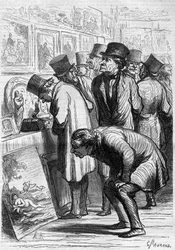 Et værelse på Hotel Drouot, en udstillingsdag. Tegnefilm af Honore Daumier (1808-1879). Indgravering i "" Le Monde Illustré"" nr. 265 af 10. maj 1862.