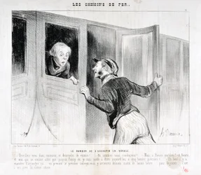 Kunstværk af Honore Daumier (1808-1879). Charivari stammer fra 1843: Serie LES RAILWAYS Faren for at falde i søvn på en rejse “” -Vågn op Sir og stå af bilen! - Hvor kører vi? - Men Rouen parbleu! - I Rouen og jeg, der kun ville til Poiss