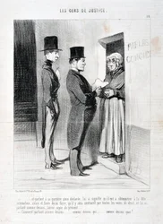 Kunstværk af Honore Daumier (1808-1879). Charivari stammer fra 1845: Serie LES PEANS DE JUSTICE “” -... og taler ved hans døråbning således erklæret, har betydet for ham, at han skulle adlyde den nævnte summation, ellers og undlade at gøre det, så han vil 
