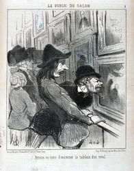 Kunstværk af Honore Daumier (1808-1879). Charivari stammer fra 1852: Serie LE PUBLIC DU SALON - "" Kunstnere undersøger maleriet af en rival"" MUSEE DES BEAUX ARTS - PALAIS LONGCHAMP, MARSEILLE