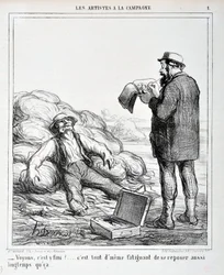 Kunstværk af Honore Daumier (1808-1879). Charivari stammer fra 1865: Serie LES ARTISTS IN THE CAMPAGNE “” - Lad os se, er det slut?... Det er stadig trættende at hvile, så længe det...” KUNSTMUSEET - PALACE LONGCHAMP, MARSEILLE
