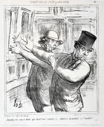 Kunstværk af Honore Daumier (1808-1879). Charivari stammer fra 1865: Serieskitser taget i salonen “” -Lad os ikke være borgerlige på denne måde... beundre i det mindste denne Courbet! “” KUNSTMUSEET - PALACE LONGCHAMP, MARSEILLE