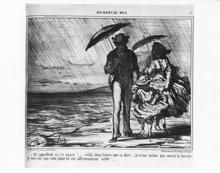 Ved havbadene: Parisere ved havet i silende regn - af Daumier, i "" Charivari"" af 19/09/1859.