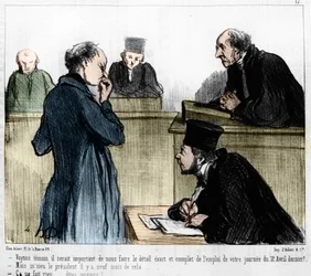 Tegneserie af Daumier: Serie "" Les Gens de justice"" offentliggjort i "" Charivari"" af 04/03/1846. Afhøre et vidne.