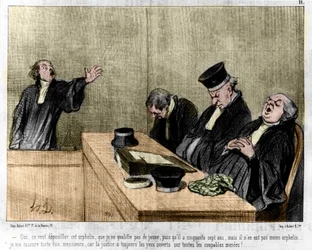 Tegneserie af Daumier: Serie "" Les Gens de justice"" offentliggjort i "" Charivari"" af 15/08/1845. En advokat bønfalder i retten sovende.