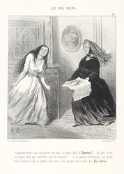 Hvad! Endnu en karikatur af os i Charivari her til morgen! ... Åh! På mit liv! Jeg håber sandelig, at det denne gang er den sidste! ... Og hvis den Daumier nogensinde falder i mine hænder, skal han betale dyrt for at have vovet at strikke blå strømper