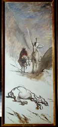 Don Quijote og det døde muldyr Illustration fra romanen af Miguel Cervantes "Don Quixote de la Mancha" (El ingenioso Hidalgo Don Quijote de la Mancha). Maleri af Honore Daumier (1808-1879). 19. århundrede søn. 1,32x0,54 m .