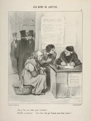 "Skal man skrive et brev for at formilde ham?... Formilde en foged!... De er altså ikke fransk, min brave mand?....", planche 5 fra Les Gens de Justice