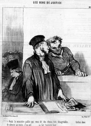 Her er det offentlige ministerium, der fortæller dig meget ubehagelige ting... så prøv at græde i det mindste med ét øje... det føles altid godt!... , fra "Gens de Justice", serie af tegnefilm om Justice af Honore Daumier (1808-1879). “Charivari”