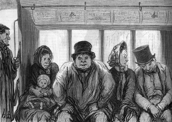 Interiør af en omnibus. Tegning af Honore Daumier (1808-1879).