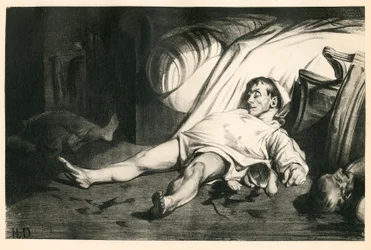 Et hundrede og tyve litografier af H. Daumier, Satirique i N & B, omkring 1834: Massacre de la rue Transnonain (Paris) - Republikaner, døde lig, undertrykkelse - Illustration af Honore Daumier (1808-1879)
