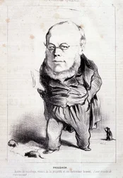 Proudhon, "" socialismens apostel, ejendomsfjende og dens patenterede ødelægger"" - af Daumier, i "" Charivari"" af 06/01/1849