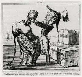 Anden opiumskrig (1856-1860): I 1858 indvilligede den kinesiske regering i at legalisere handelen med opium. „Ved at udnytte omstændighederne til at få kineserne til at betale to hundrede millioner opium“, fra serien I Kina, illustration af Honoré Daumier.