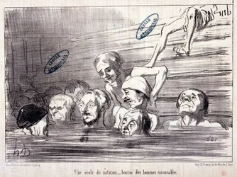 Serien "Les Bains de Mer": "Aquatic skitse. En svømmeskole, et bassin med fornuftige mænd." Gravering af Honore DAUMIER (1808-1879). Uddrag fra avisen "Le Charivari"