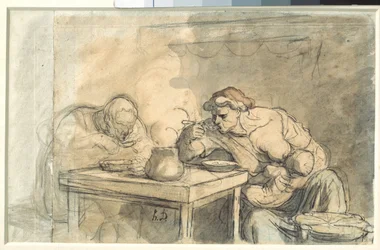 Suppe Et par arbejdere spiser suppe, moderen ammer barnet. Akvarel af Honore Daumier (1808-1879). 1862-1865. Svag. 0,3x0,49 m. Paris, Louvre-museet