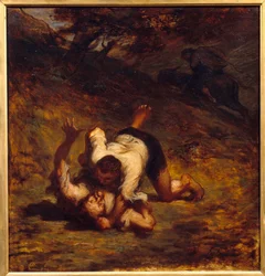 Tyve og æsel. Illustration af fablen af Jean de La Fontaine. Maleri af Honore Daumier (1808 - 1879)