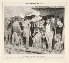 Et uendeligt for langvarigt ophold: Det er forbløffende! Toget kommer ikke!... normalt er det kun tre kvarter forsinket,... fra Les Chemins de Fer, i Le Charivari, 13. november 1843