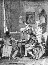 Illustration af Edouard Toudouze (1848-1907) til ægteskabskontrakt, roman af Honore de Balzac (1799-1850) fra samlingen i flere bind med titlen Human Comedy, udgivet i 1902, Paris