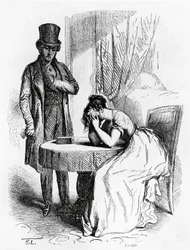Kvinde i fortvivlelse under mandens blik, illustration fra Ferragus af Honore de Balzac (1799-1850), fransk udgave