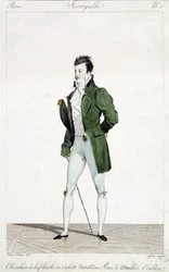 Fantastiske Paris. Manden har Karl XIIs hår, iført vandgrønne trusser og strømmede netstrømper. Illustration af herremode lavet omkring 1810 af Horace Vernet (1789 - 1863).