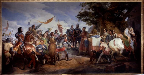 Fransk-engelsk krig (1202-1214): "" slaget ved Bouvines den 27/07/1214, Philippe Auguste sætter Frankrigs krone i spil"" Hun opponerede den franske hær af Philippe Auguste mod flamlænderne og Welfs of Othon IV . Den franske sejr var afgørende i o