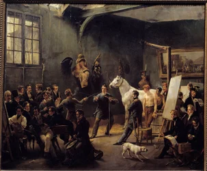 Horace Vernets værksted i 1820. Mange lærlinge øver sig på dyremodeller. Maleri af Horace Emile Vernet (1789-1863) 1820 søn. 0,55x0,65m. Carnot samling