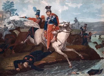 Mort du Prince Jozef Poniatowski (1763-1813)- Prins Jozef Poniatowskis død i slaget ved Leipzig - Vernet, Horace (1789-1863) - 1820 - Farvelitografi - 40x54,4 - Privat samling
