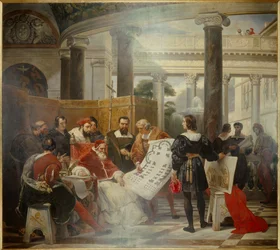 Pave Julius II, der beordrede Vatikanets arbejde og Peterskirken i Rom (St. Peter) omgivet af Michelangelo (Michelangelo, Michelangelo eller Michelangelo), Bramante og Raphael (Raffaello Sanzio). Maleri af Emile Jean Horace Vernet