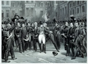 Napoleon Bonapartes (1769-1821) farvel til den kejserlige vagt i gården til Cheval Blanc i Fontainebleau 20/04/1814 Gravering af Emile Vernet dit Horace Vernet (1789-1863) 1814 Paris, B.N.