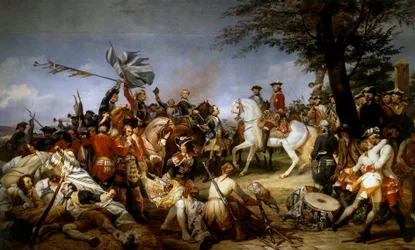 Østrigs arvefølgekrig (1740-1748): "" Slaget ved Fontenoy 11/05/1745; marechalen af Sachsen præsenterede for Ludvig XV fangerne og de engelske flag””” Maleri af Emile Horace Vernet (1789-1863) 1828 Søn. 5,1x9,75 m