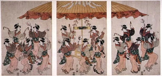 Sumiyoshi-dansen, triptykon, ca. 1791 (farvet træbloktryk)