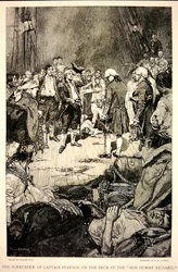 Kaptajn Pearsons overgivelse til John Paul Jones på dækket af Bonhomme Richard i 1779 (litho)