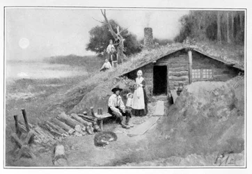 En hulebolig i Pennsylvania, illustration fra »Colonies and Nation« af Woodrow Wilson, udgivet i Harper