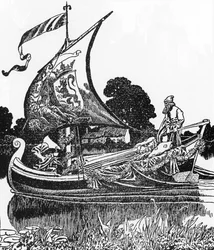 Arthur-legende: De dødes pram bringer kong Arthurs lig. Illustration af Howard Pyle (1853-1911) fra «The Story of Sir Launcelot and His Companions», 1907, privatsamling