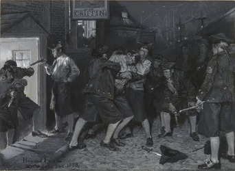 Ved Griffens skilt, tegning til en illustration til artiklen «Gamle kaffehuse i New York» af John Austin Stevens