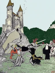 Kamp mellem kong Arthur (Artus) og den sorte ridder i nærværelse af den fortryllende Merlin. Illustration af Howard Pyle (1853 - 1911), amerikansk illustrator