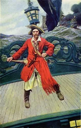 Kaptajn Keith på dækket af sit skib. Illustration fra "Book of pirates Buccaneers and Marooners of the Spanish Main" af Howard Pyle (1853-1911), amerikansk illustrator