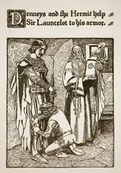 Denneys og Eremitten hjælper Sir Launcelot til hans rustning, illustration fra 