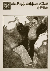 Merlin profeterer fra en sky af tåge, illustration fra 